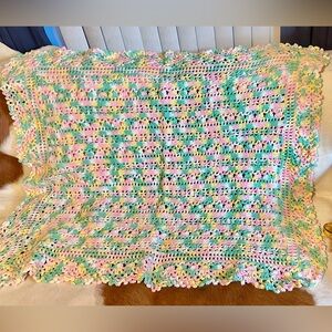 Handmade Crochet Baby Blanket in Pastel Pink, Yellow & Green, 36”x42”